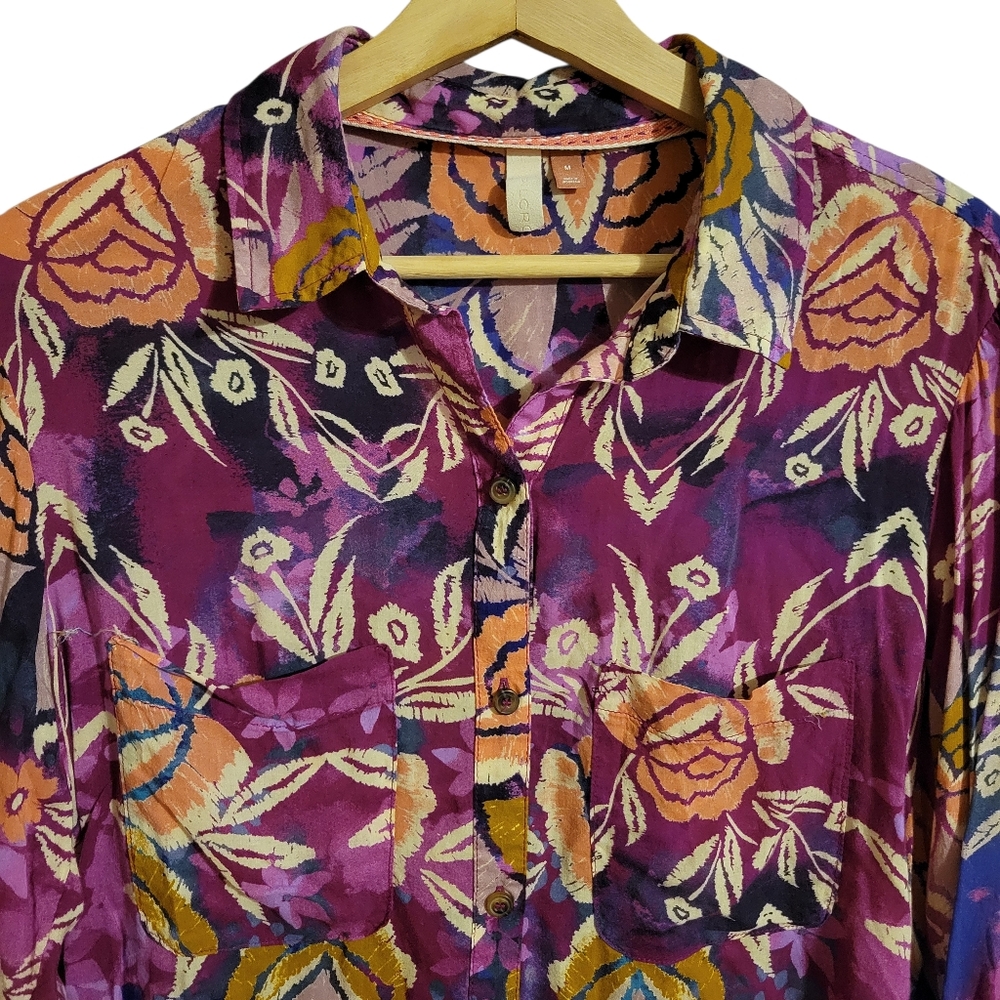 Pilcro Floral Button-Down Shirt in Purple, Pink, Orange - Picture 2 of 7